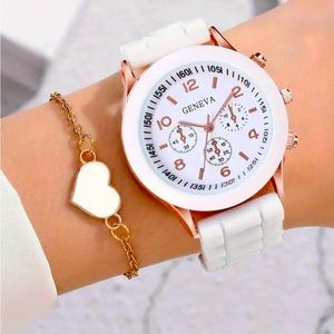 Geneva Watch and Heart Bracelet Set